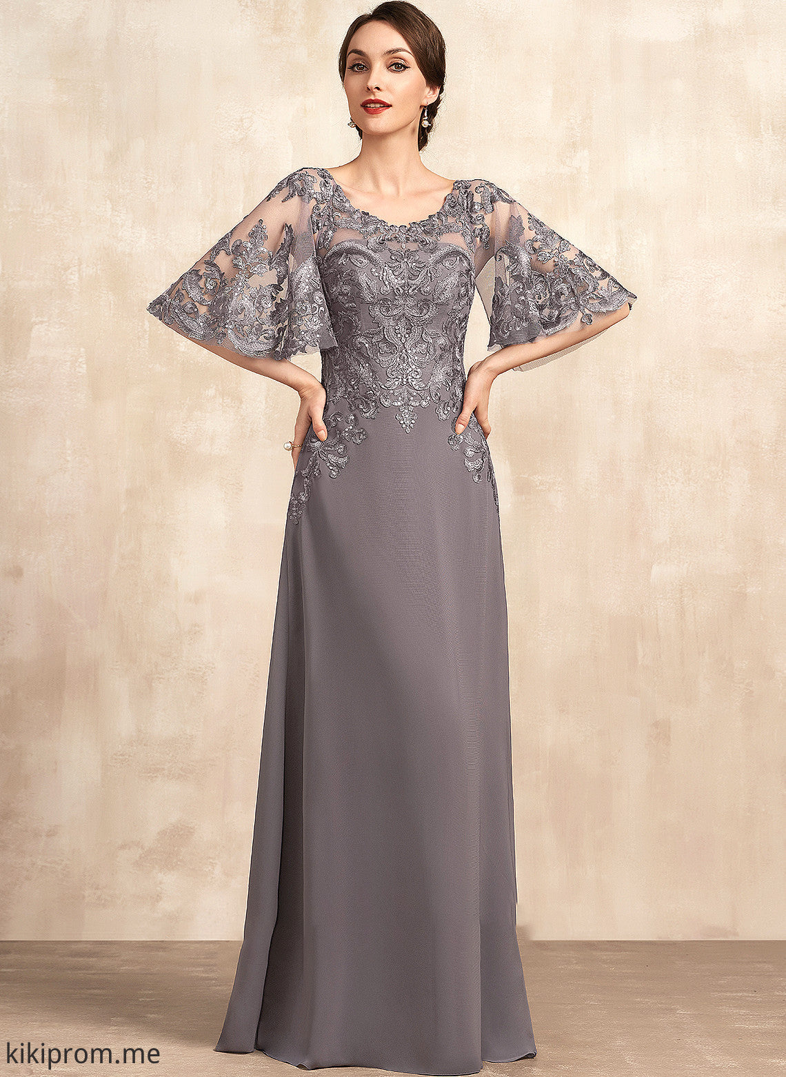 Lace Scoop Dress Neck Sequins the Floor-Length Mother of the Bride Dresses Mother Chiffon Bride Arabella With A-Line of