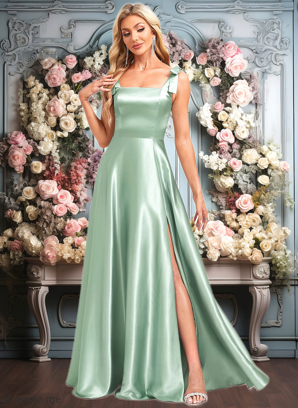 Everleigh A-line Square Floor-Length Stretch Satin Bridesmaid Dress With Bow HFP0025788