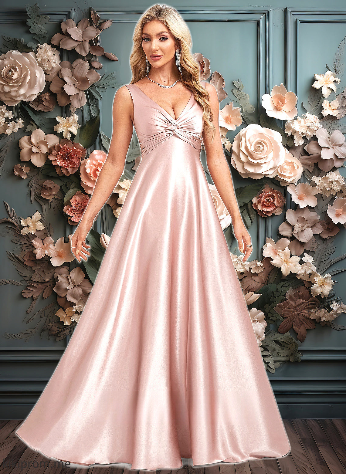 Sara A-line V-Neck Floor-Length Stretch Satin Bridesmaid Dress HFP0025779