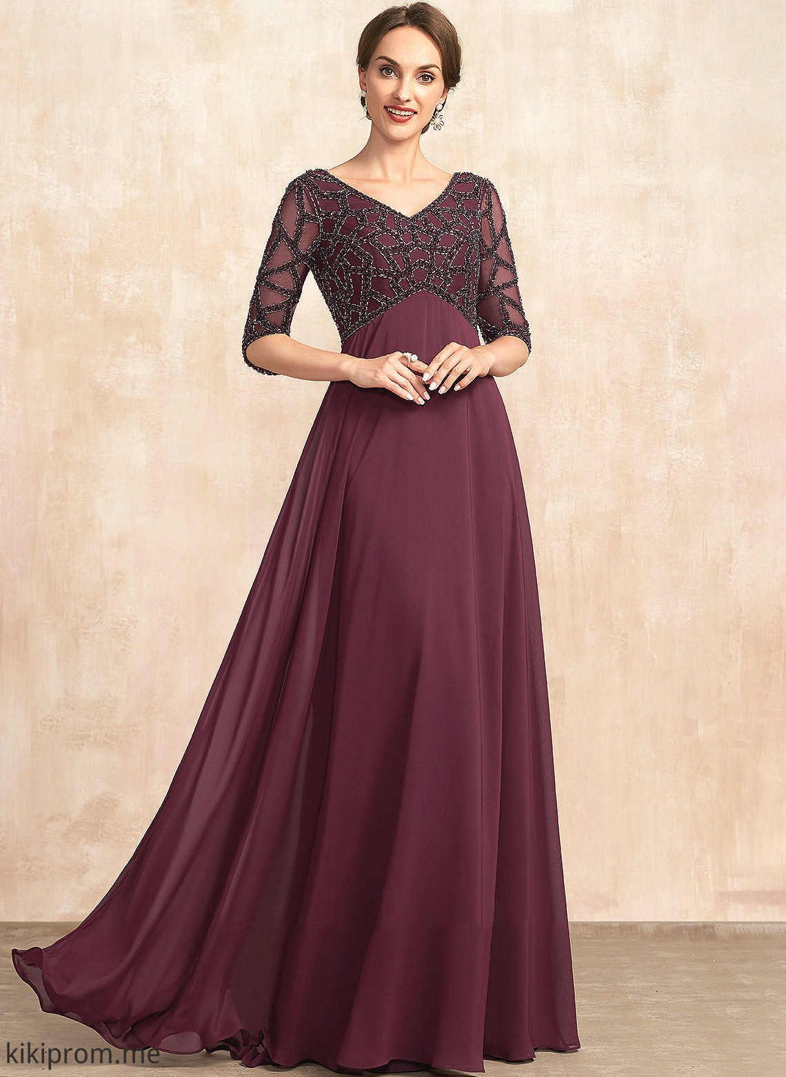 of Dress With Floor-Length Empire the Beading Mother of the Bride Dresses Ashtyn Bride Chiffon Mother V-neck