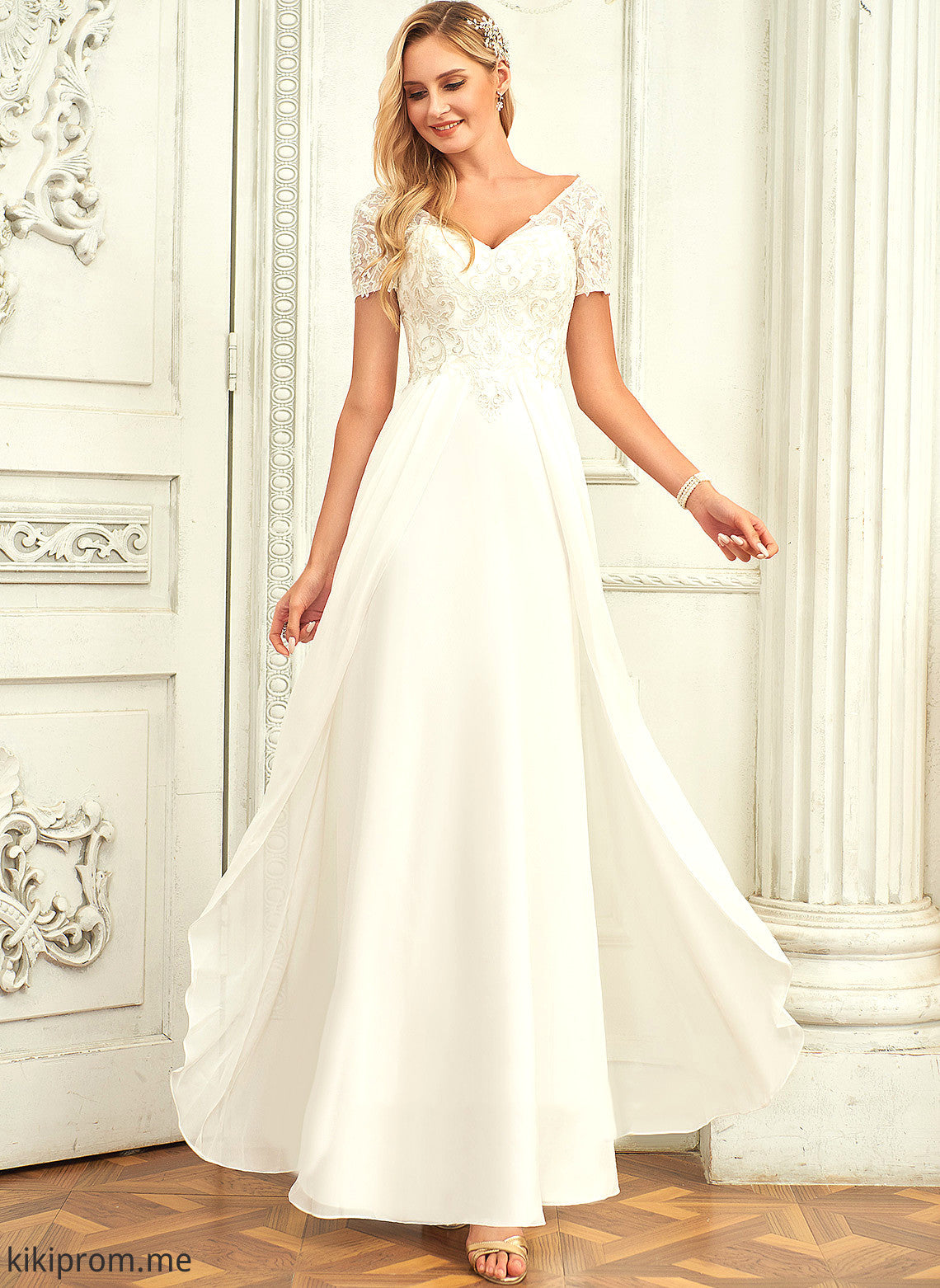 Dress Wedding V-neck With Floor-Length Wedding Dresses Chiffon Lace Ariana A-Line