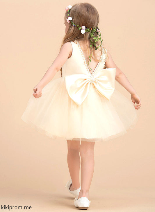 Girl A-Line Neck Beading Satin/Tulle Dress Knee-length Sleeveless Flower Girl Dresses - Izabella Flower Scoop With