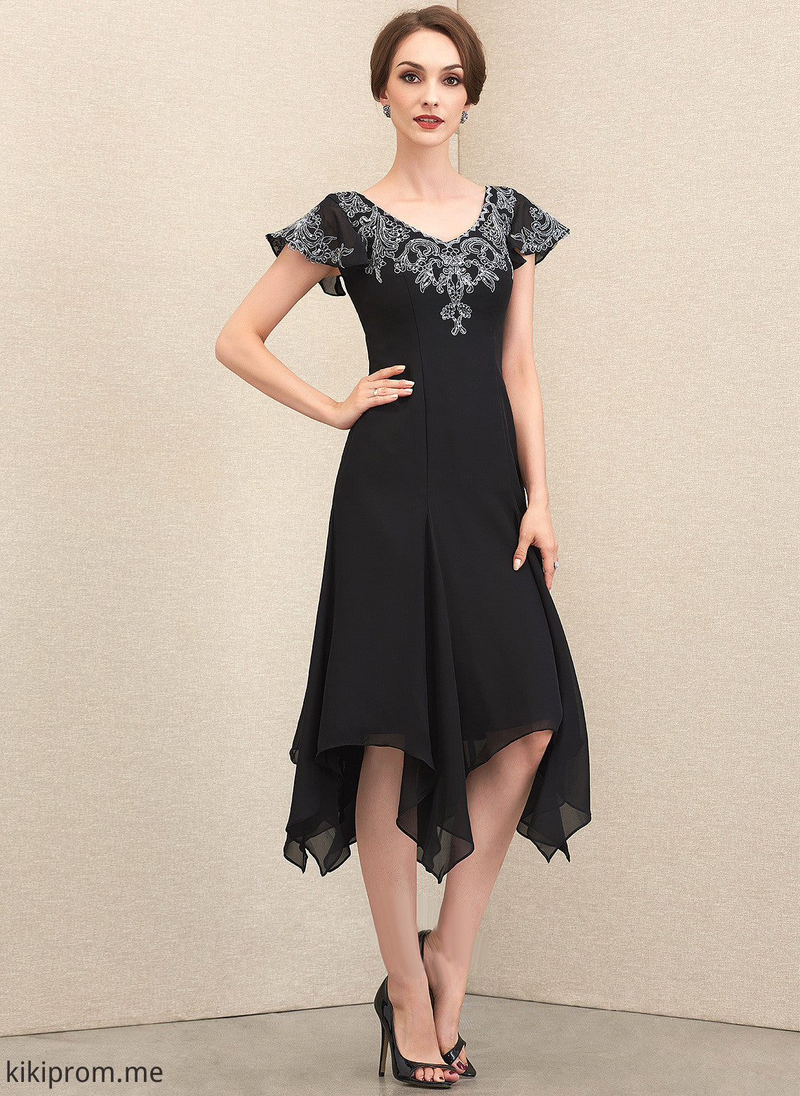 V-neck Sequins the Chiffon A-Line of Dress Tea-Length With Bride Mother Yoselin Mother of the Bride Dresses Lace