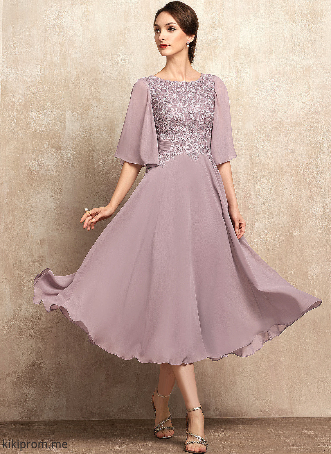 Susan Bride Mother Chiffon of Neck Mother of the Bride Dresses Scoop Lace Tea-Length A-Line the Dress