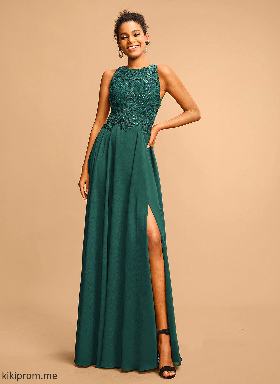 Chiffon Lace Maya Front With Split Neck Prom Dresses Sequins Floor-Length A-Line Scoop