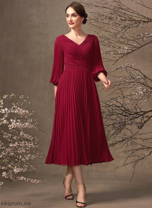 Bride Dress V-neck the With Chiffon of Mother Pleated Tea-Length Heidi A-Line Mother of the Bride Dresses