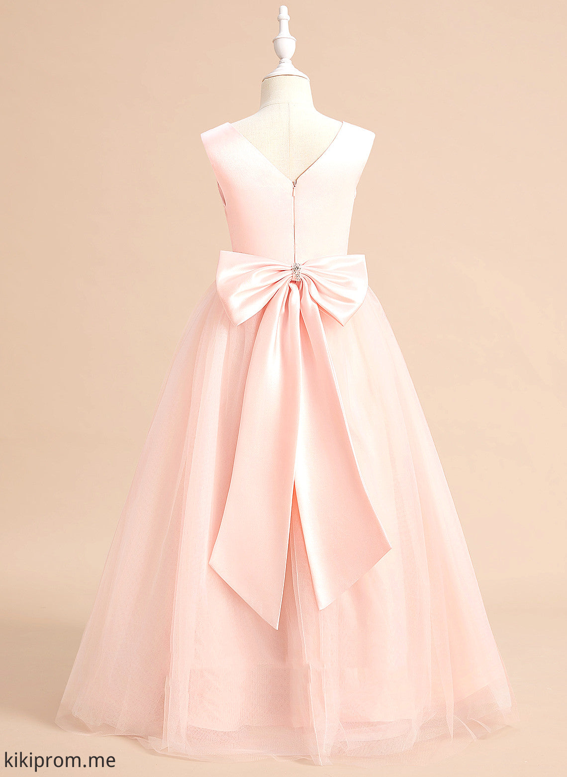 Noelle Sleeveless Bow(s) Floor-length Ball-Gown/Princess With Satin/Tulle - Flower Girl V-neck Flower Girl Dresses Dress