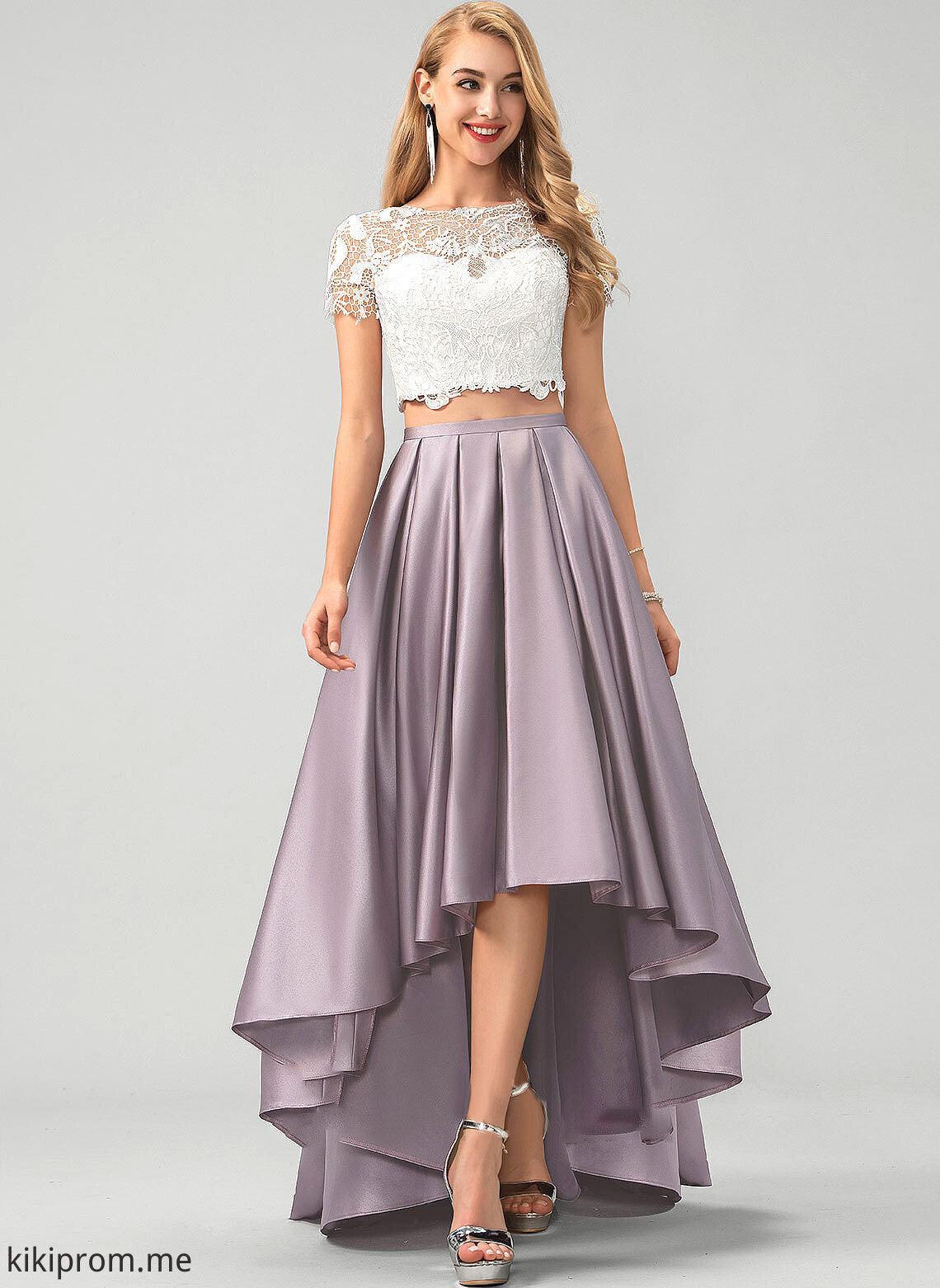 With Neck Asymmetrical A-Line Satin Elizabeth Lace Prom Dresses Scoop Pockets