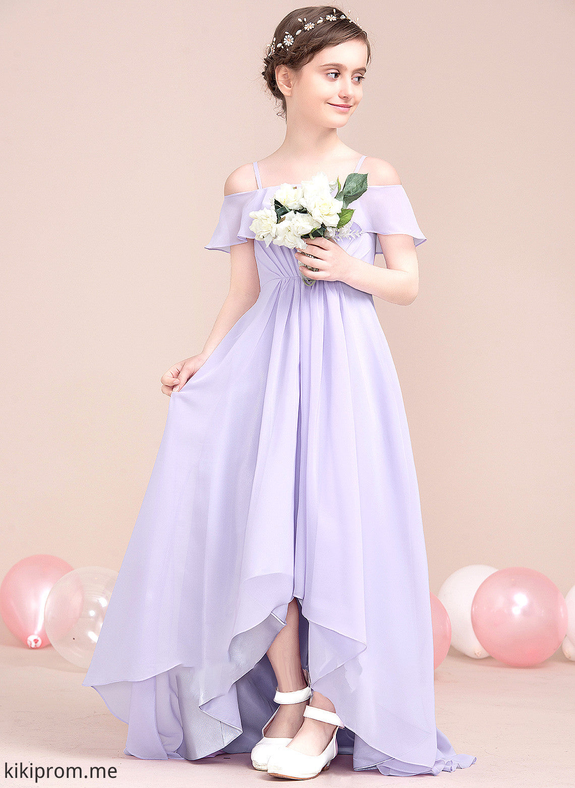 With Junior Bridesmaid Dresses Asymmetrical Catalina Cascading A-Line Ruffles Chiffon Off-the-Shoulder