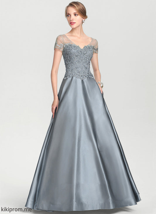 Satin Dress of V-neck Beading Mother Jaylynn the A-Line Bride Lace With Floor-Length Sequins Mother of the Bride Dresses