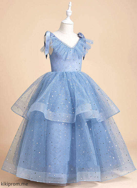 With Ball-Gown/Princess Estrella Bow(s) V-neck - Floor-length Sleeveless Girl Satin/Tulle/Sequined Dress Flower Girl Dresses Flower