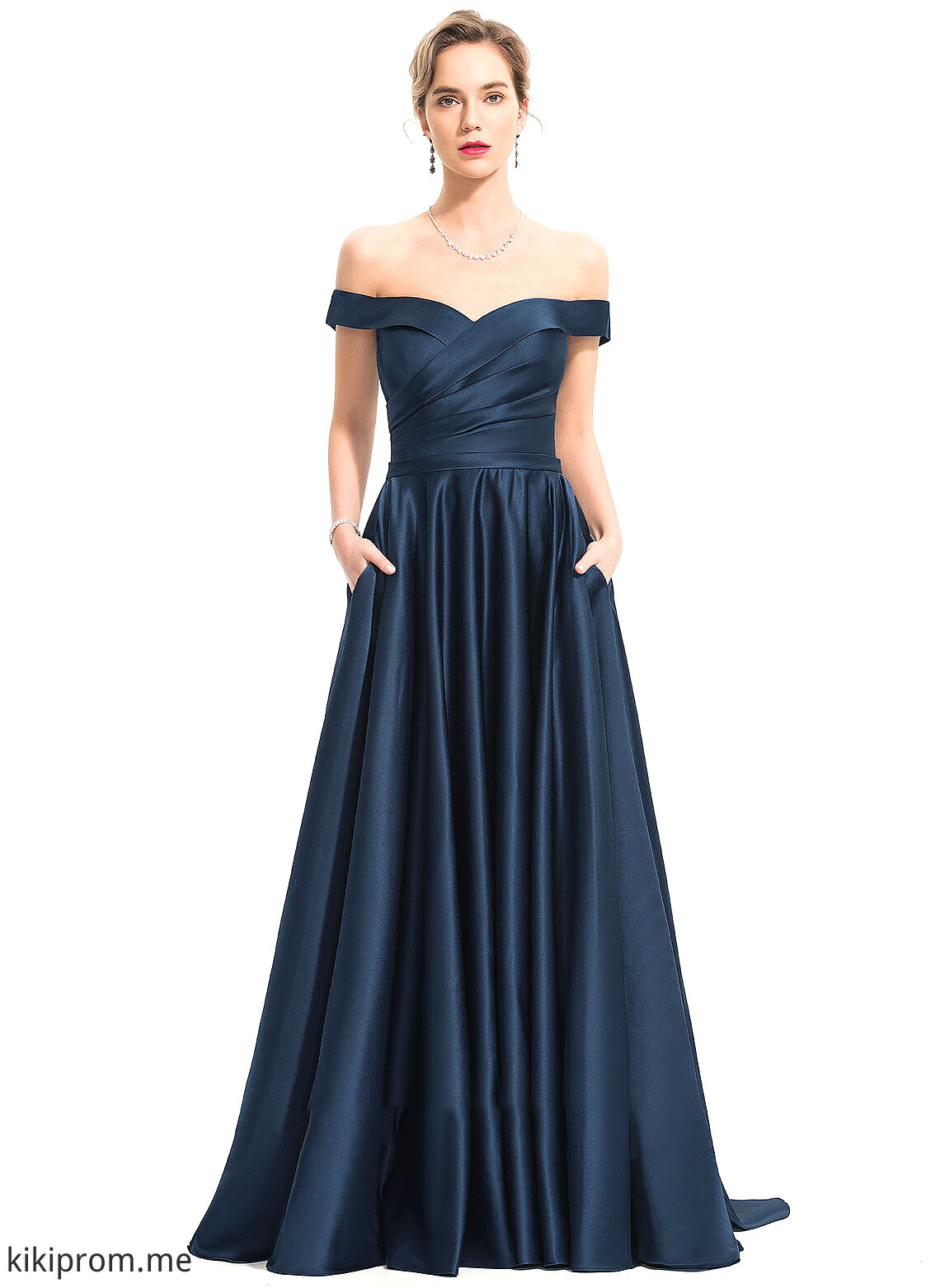 With Pockets Prom Dresses Off-the-Shoulder Sweep Satin A-Line Keely Train