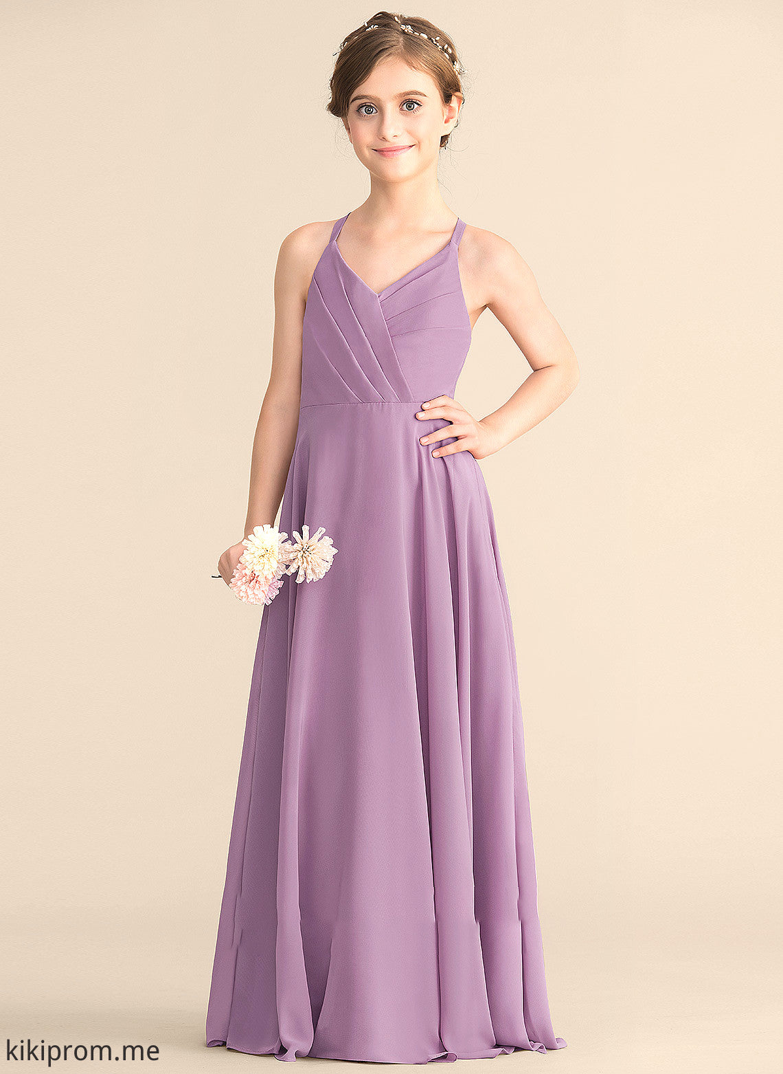 With Junior Bridesmaid Dresses Chiffon V-neck A-Line Floor-Length Cascading Ruffles Dixie