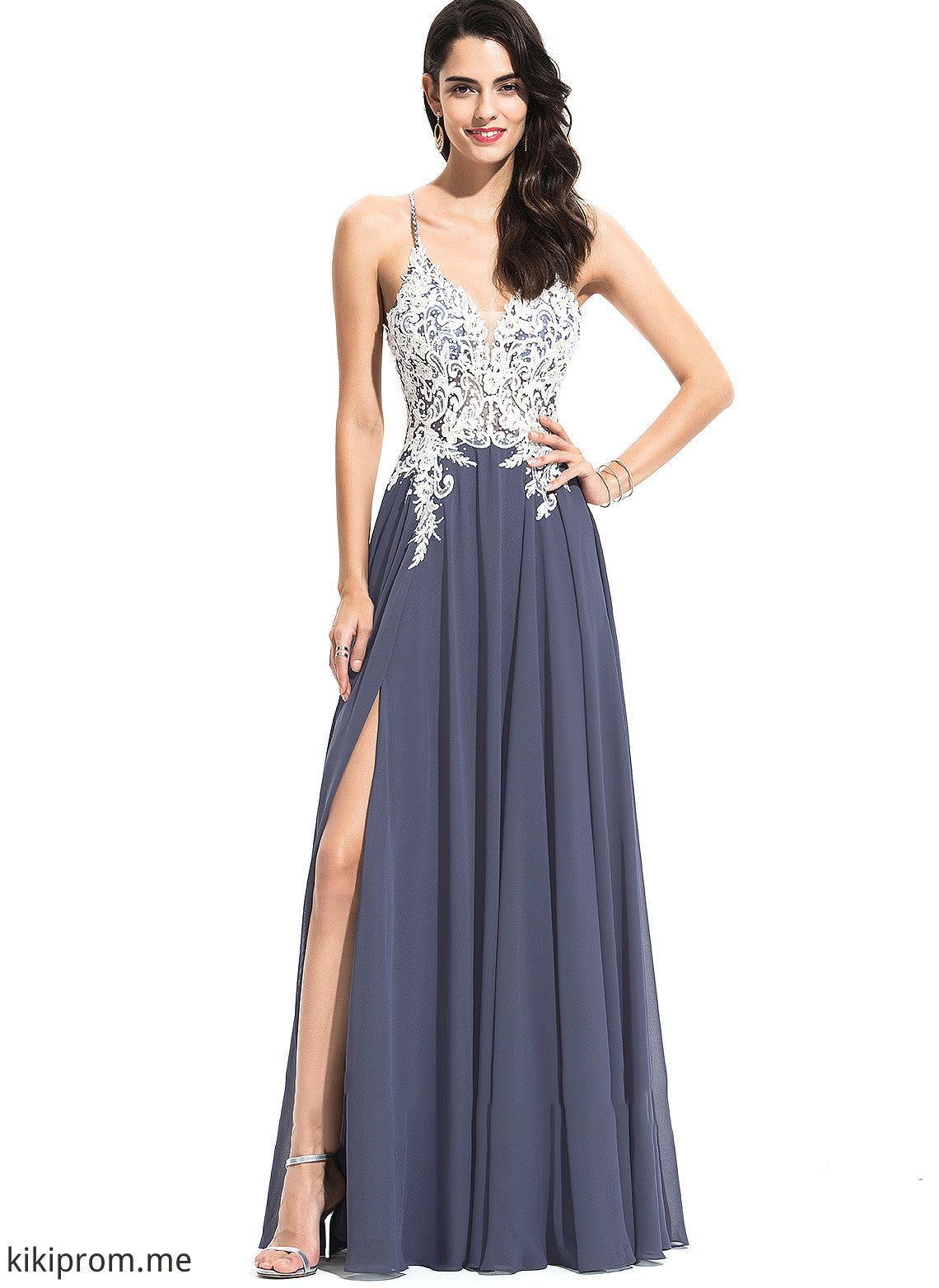 Chiffon Nicky Front Beading Floor-Length With Lace A-Line Prom Dresses Sequins Split