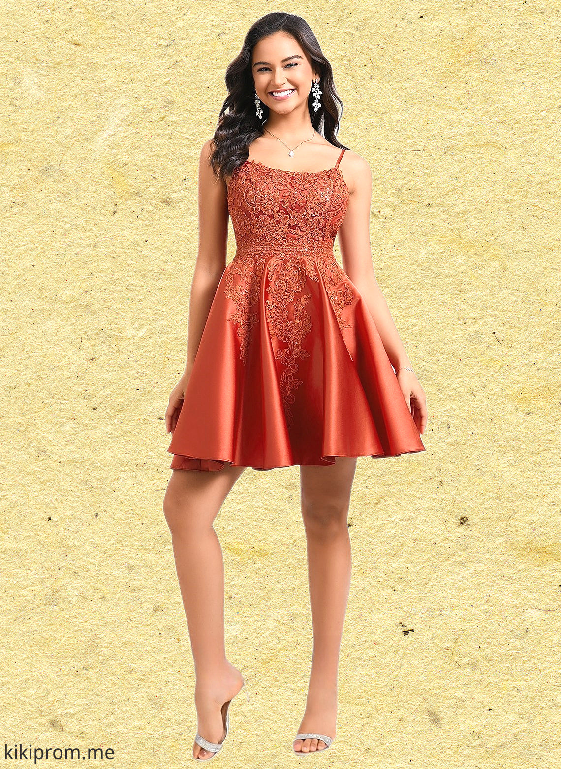 Jamiya A-line Scoop Short Satin Lace Homecoming Dress With Sequins HFP0025683