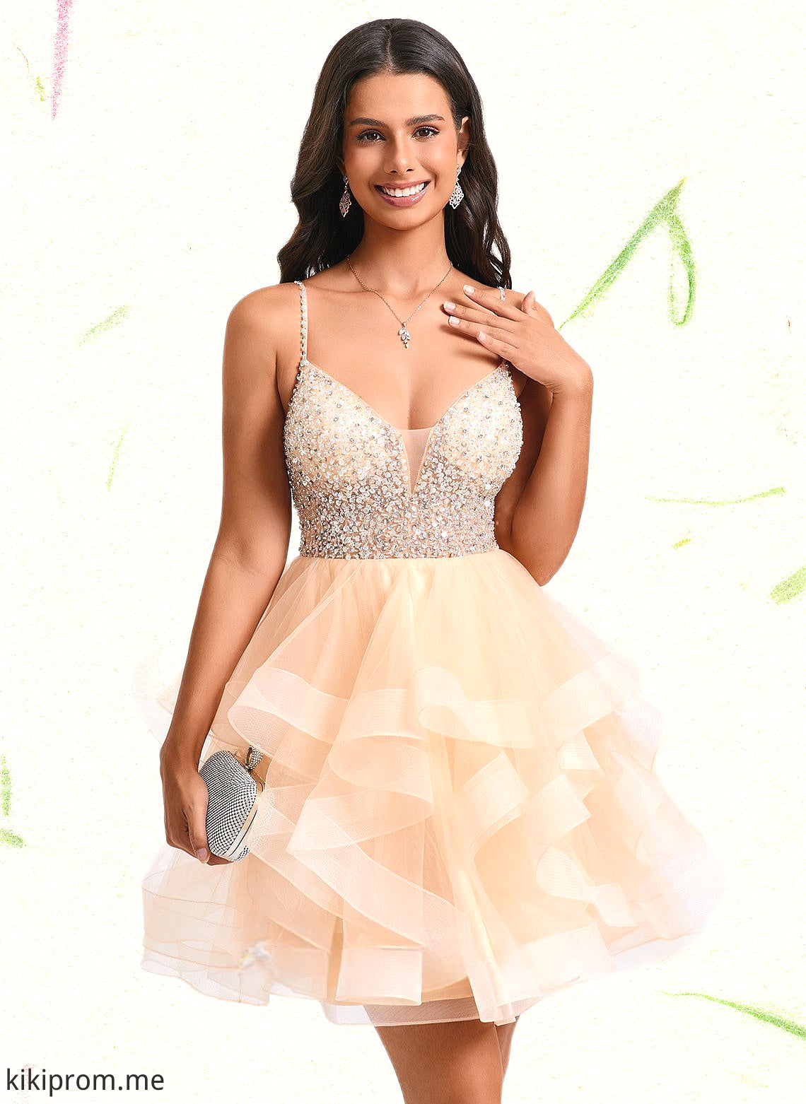 Ella Ball-Gown/Princess V-Neck Short Tulle Homecoming Dress With Beading Sequins HFP0025646