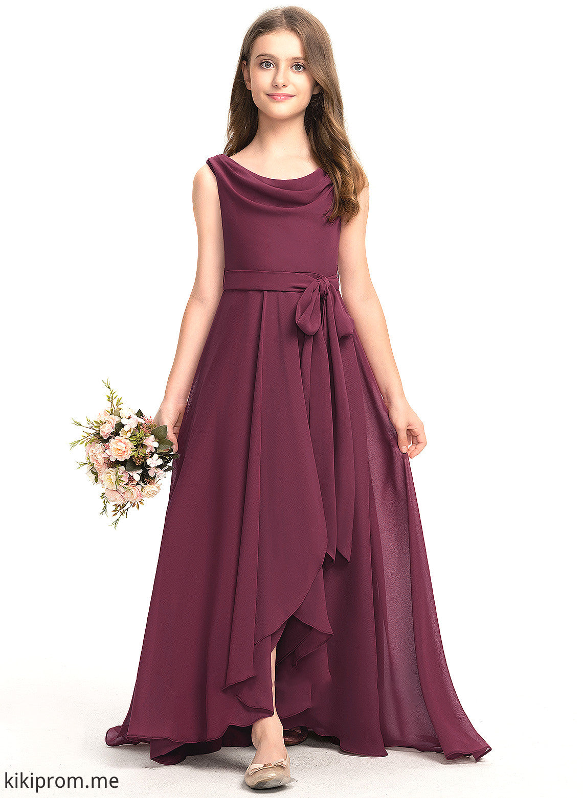 With Cowl Junior Bridesmaid Dresses Neck A-Line Chiffon Bow(s) Lilia Asymmetrical