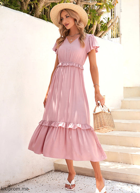 V-neck Fabric Straps A-Line Length Neckline Polyester Silhouette Tea-Length Chasity Sleeveless A-Line/Princess Bridesmaid Dresses