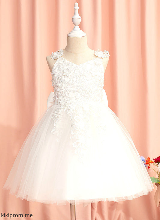 A-Line Flower Girl Dresses Straps Girl Flower With Dress - Gloria Knee-length Lace/Flower(s)/Bow(s) Sleeveless Tulle