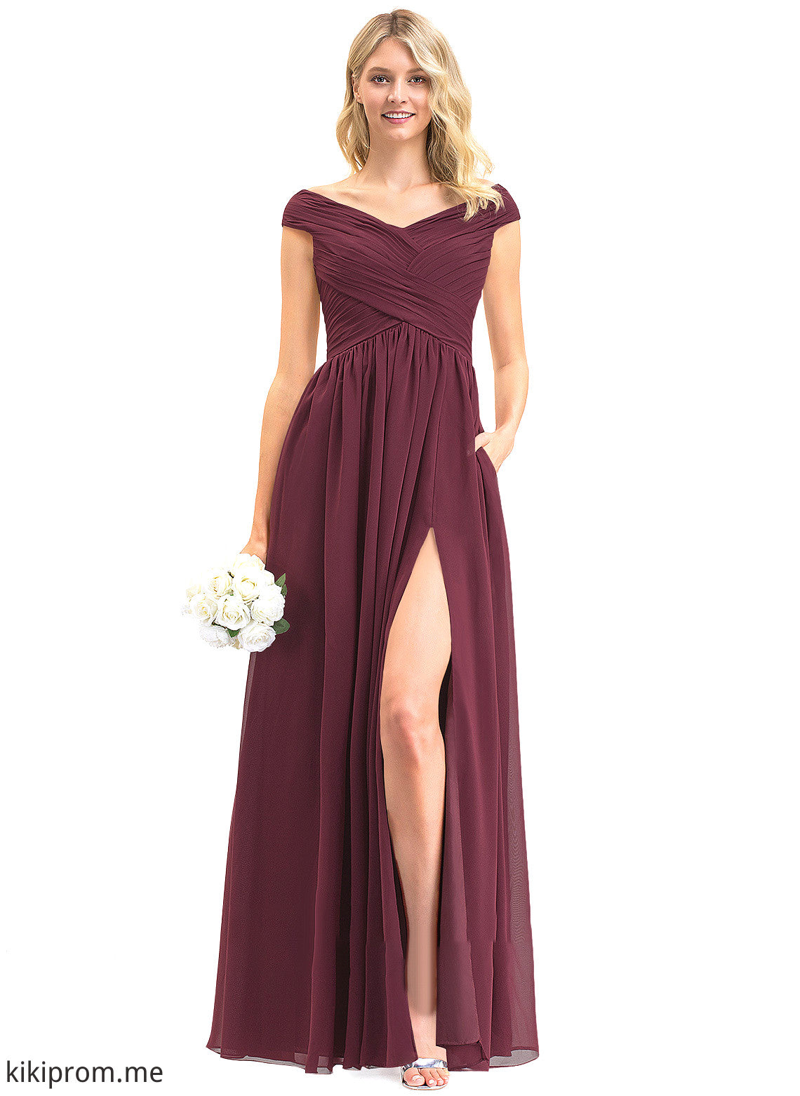 With Ruffle Front Floor-Length Pockets Nan Chiffon Split Off-the-Shoulder Prom Dresses A-Line