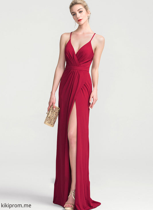 With Kaitlin Ruffle V-neck Floor-Length Jersey Sheath/Column Prom Dresses