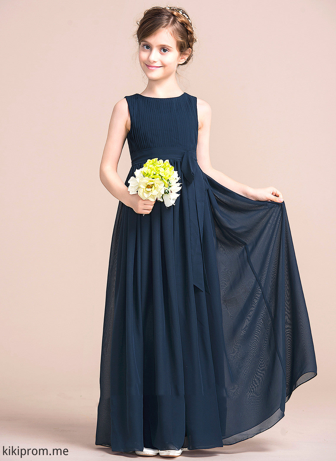 Empire Flower Girl Dresses Bow(s) Thirza Scoop Flower Dress - Floor-length Sleeveless Chiffon With Neck Girl