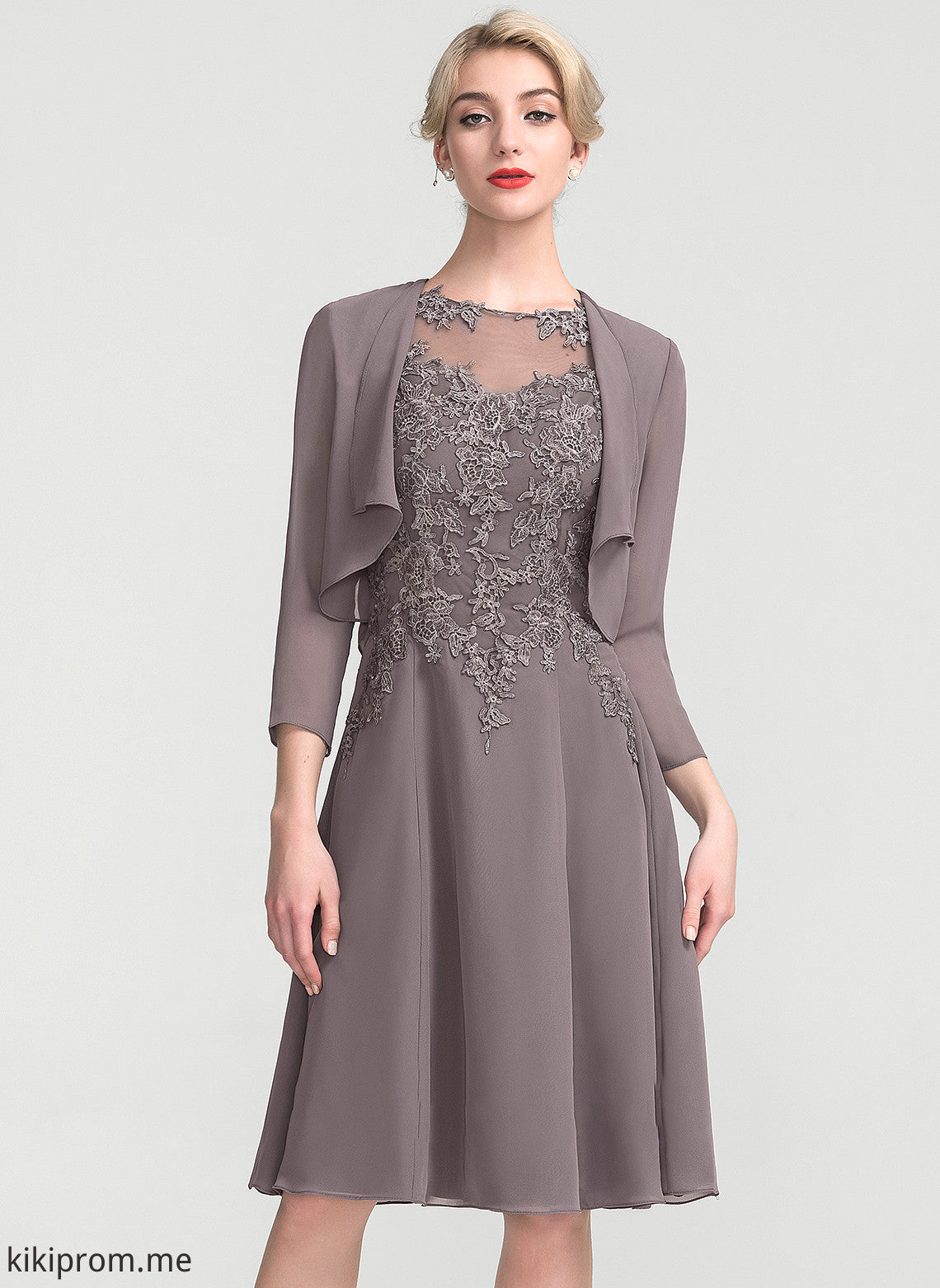 Kaley the Knee-Length Neck A-Line Chiffon Mother of Bride Dress Scoop Mother of the Bride Dresses Lace