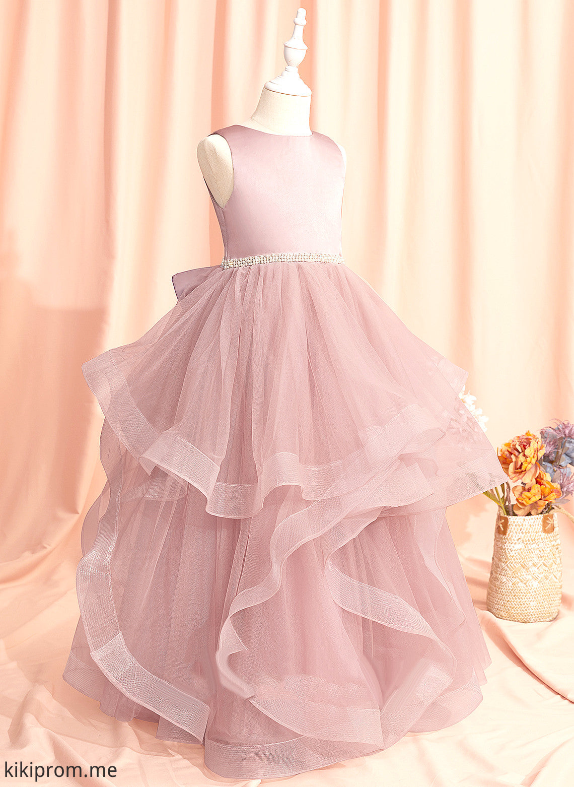 Girl Ball-Gown/Princess Liberty Dress Back - Scoop Flower Neck With Flower Girl Dresses Tulle Sleeveless Floor-length Beading/Bow(s)/V