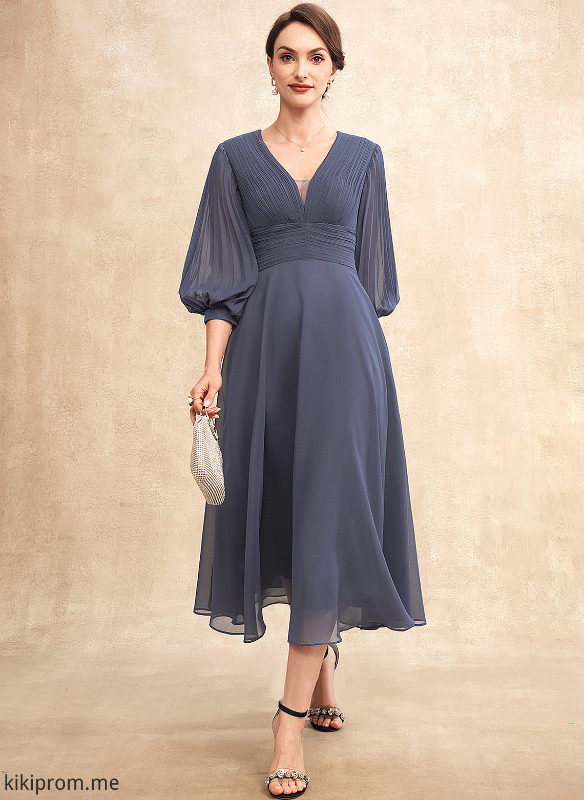 Brenda With Bride Mother Tea-Length Ruffle of Mother of the Bride Dresses Dress the A-Line V-neck Chiffon