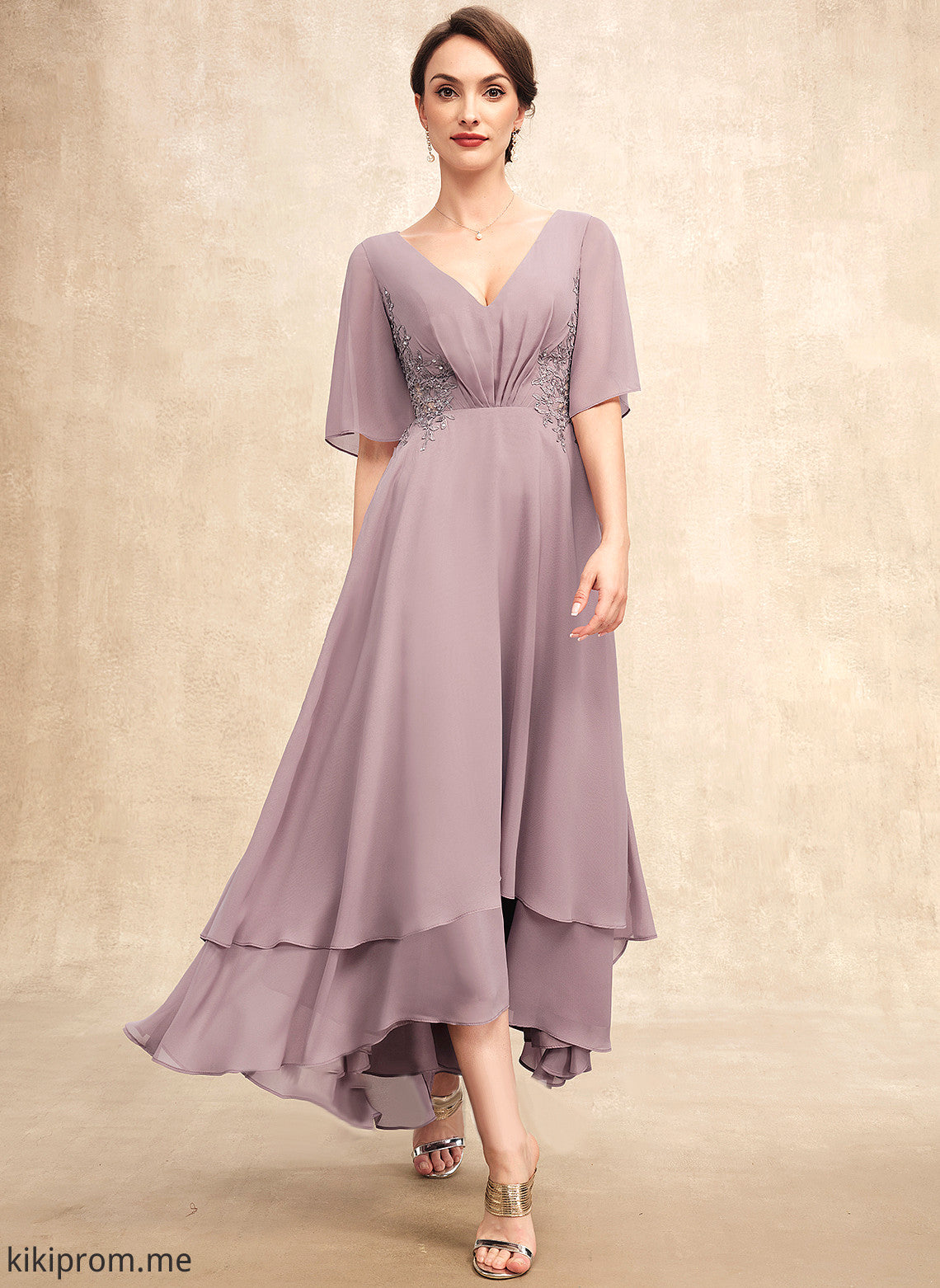 Mother of the Bride Dresses Lace Beading Chiffon With Asymmetrical A-Line Dress Mother Bride of Ruffle Lyric the V-neck