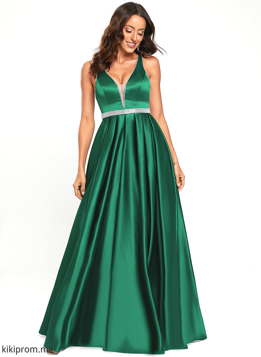 With Prom Dresses A-Line Morgan Satin Beading V-neck Floor-Length