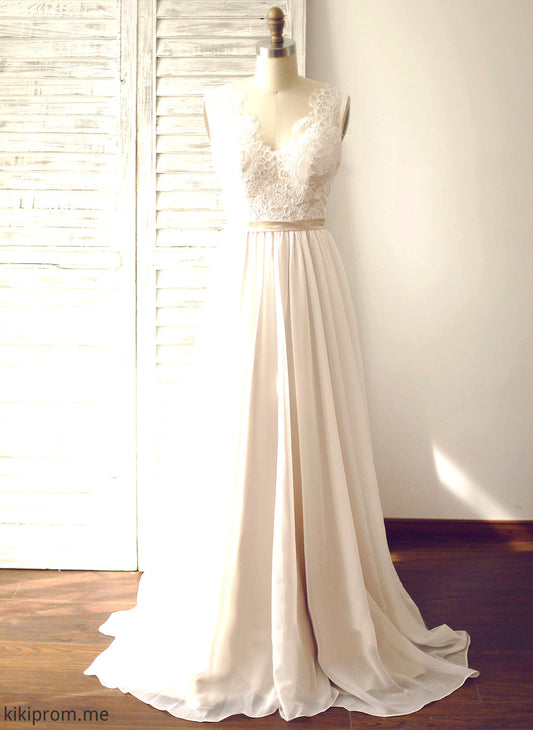 Wedding With Court Dress Lace Wedding Dresses V-neck Chiffon Lace Cynthia Train A-Line