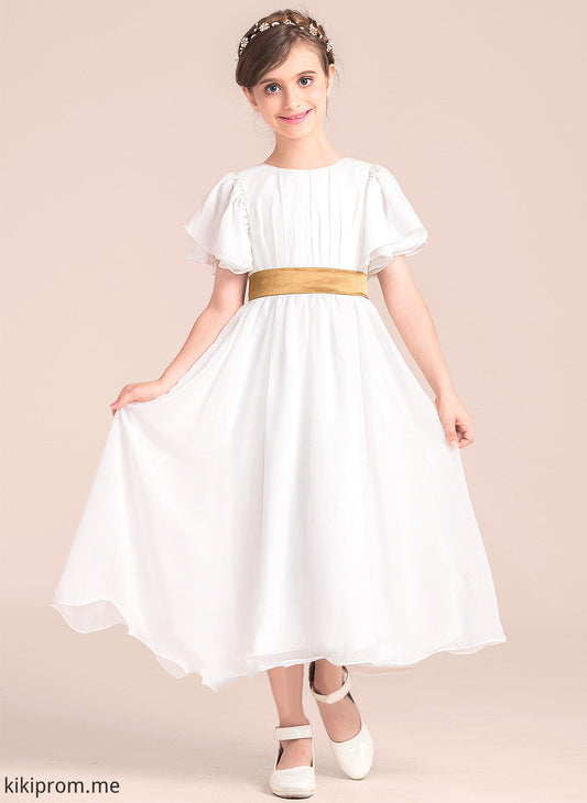 Chiffon/Charmeuse Girl Scoop Taylor - With Neck Sash Sleeves A-Line Flower Flower Girl Dresses Dress Tea-length Short