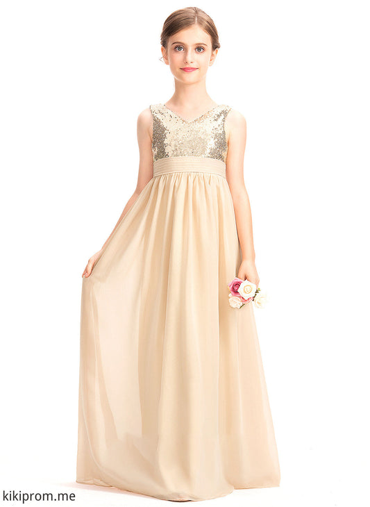 With V-neck Chiffon Ruffle Junior Bridesmaid Dresses Rory A-Line Floor-Length Sequined