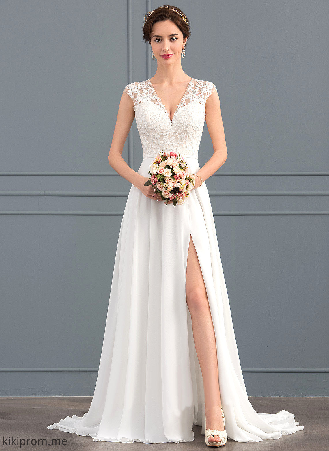 Wedding Dresses Wedding Split Train Lace A-Line V-neck Chiffon Dress Sweep With Front Mavis