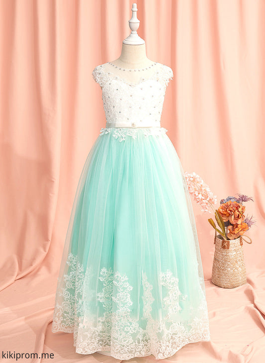 With Back Sleeveless Scoop Floor-length Girl Dress Flower Girl Dresses Lace/Beading/Bow(s)/V Tulle Ball-Gown/Princess Flower - Kathryn Neck