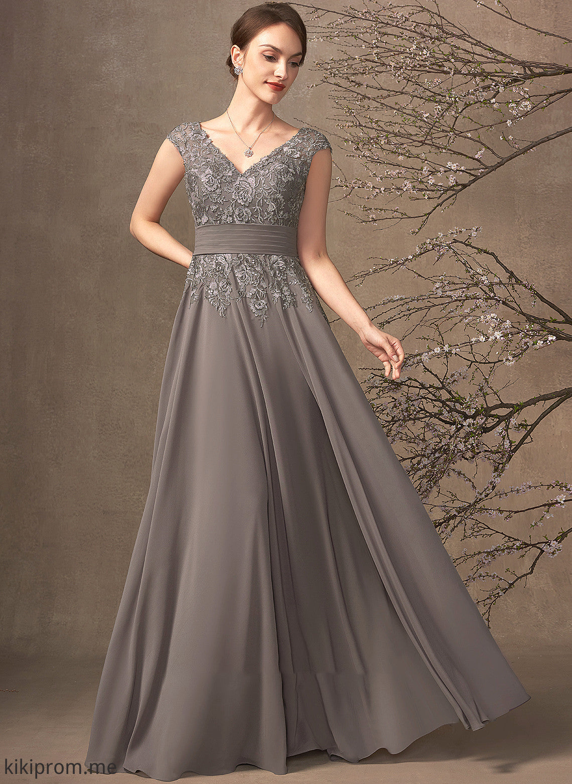 A-Line of Floor-Length Sequins Mother of the Bride Dresses Cloe Bride Chiffon Dress the Lace Ruffle With V-neck Mother