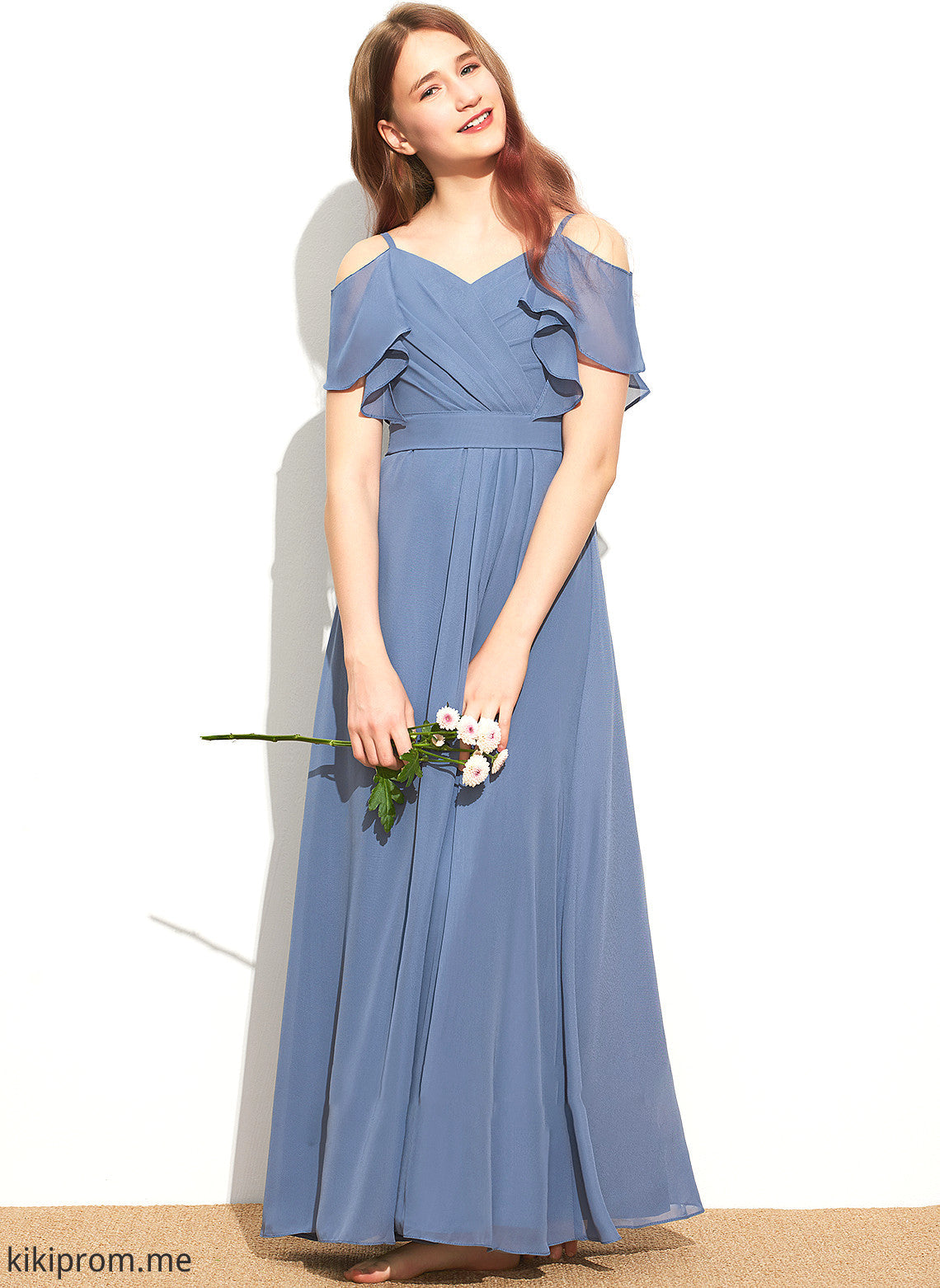 With Esperanza Bow(s) Chiffon Floor-Length Junior Bridesmaid Dresses Off-the-Shoulder A-Line Ruffle