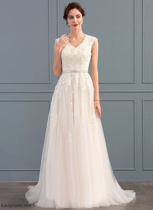 Lace Wedding Dresses Beading With Wedding Sequins Train Madelynn Tulle Sweep Dress Bow(s) V-neck A-Line