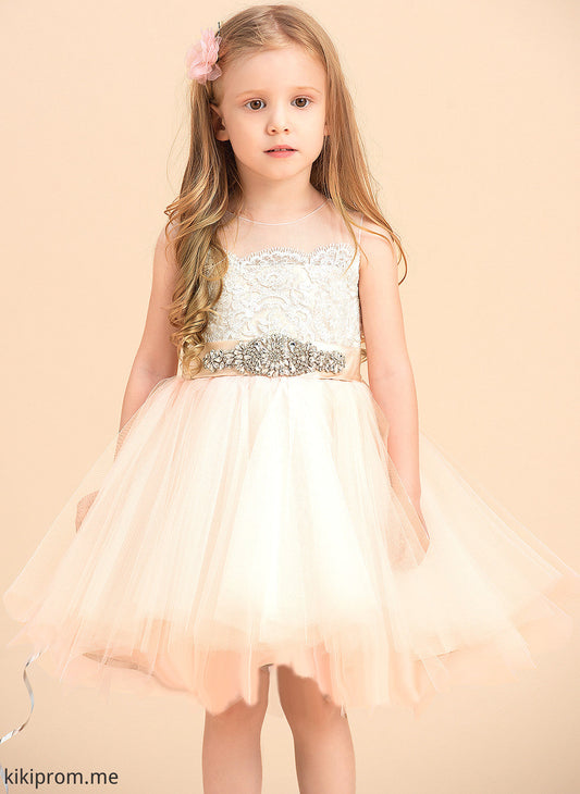 With Scoop Girl Sleeveless Dress A-Line Flower Girl Dresses Viviana Beading Knee-length (Undetachable Flower - Neck sash) Satin/Tulle/Lace