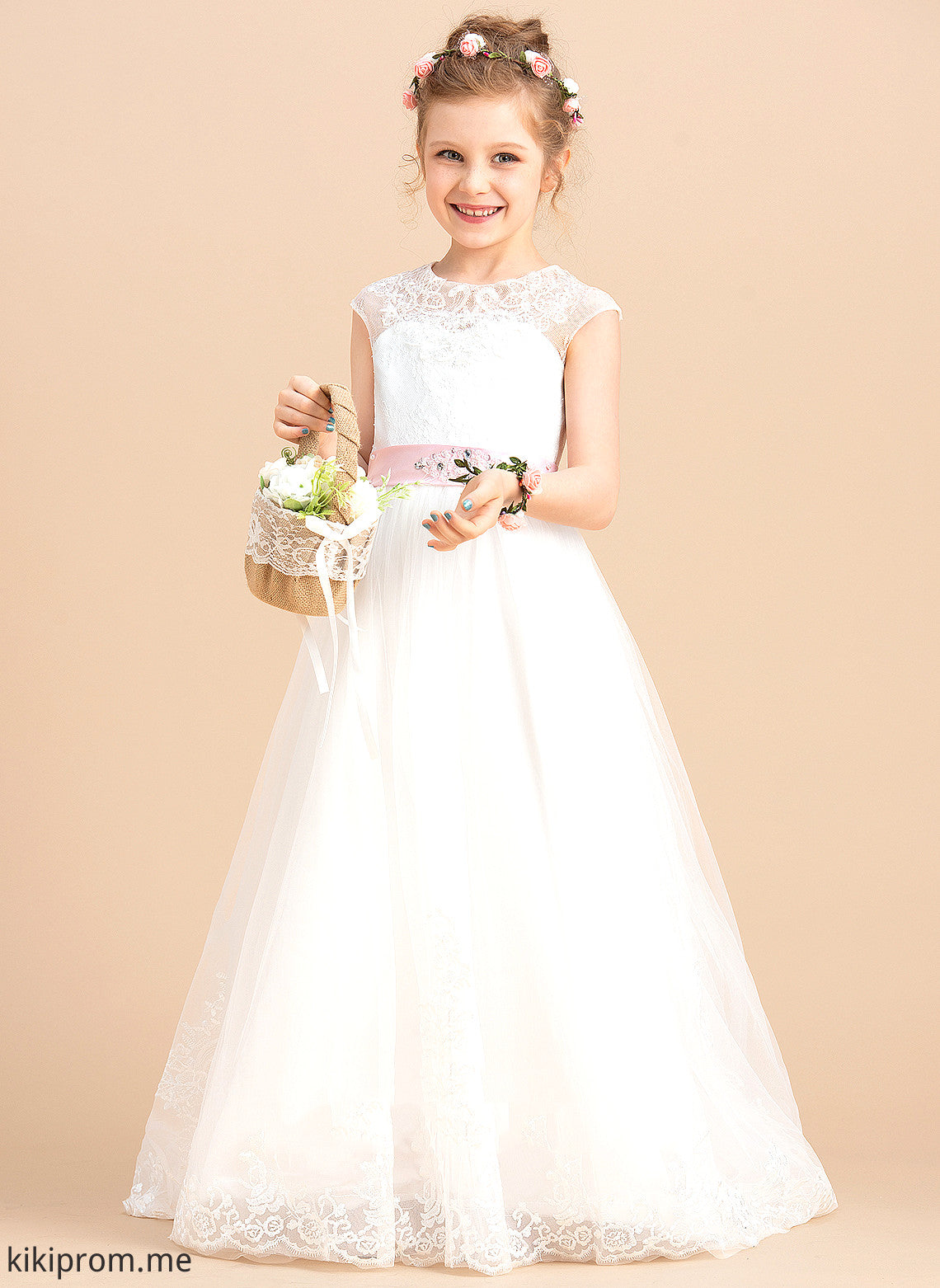 Floor-length Sleeveless Sash/Beading/Appliques/Bow(s) Neck Marcie With - Dress (Petticoat included) Tulle/Lace Girl Flower Girl Dresses NOT Flower Ball-Gown/Princess Scoop