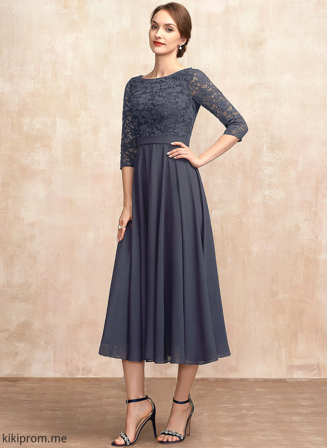 Dress Tea-Length Neck Chiffon the Mother Jessie Mother of the Bride Dresses Lace Sequins of With Scoop Bride A-Line