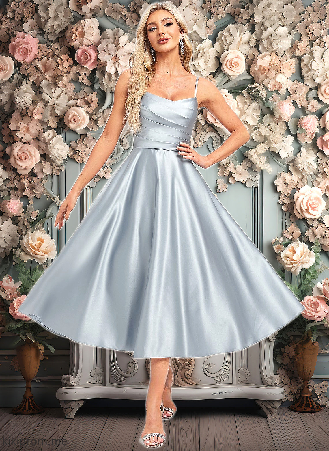 Pamela A-line V-Neck Tea-Length Satin Bridesmaid Dress HFP0025794