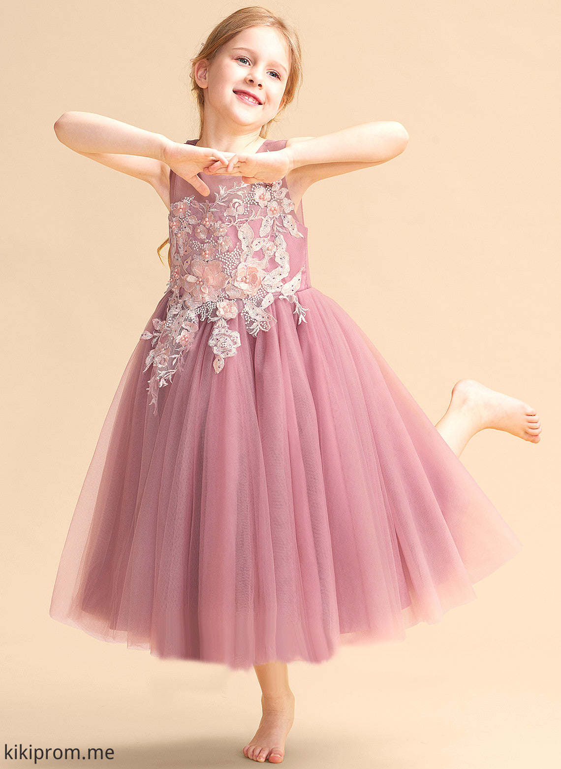 Tulle Sleeveless Girl Scoop Dress Flower Neck Jordin With Flower Girl Dresses Tea-length Lace/Beading - Ball-Gown/Princess