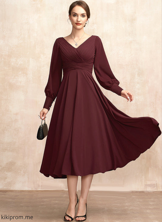 A-Line Alejandra With Tea-Length Mother of the Bride Dresses Mother of the V-neck Bride Ruffle Dress