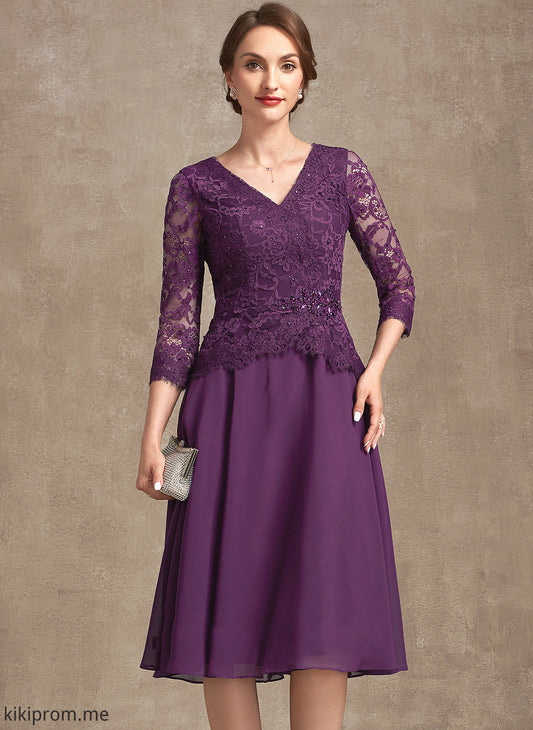 With Dress Chiffon Sarah V-neck Bride of A-Line Mother Knee-Length Mother of the Bride Dresses Lace the Beading Sequins