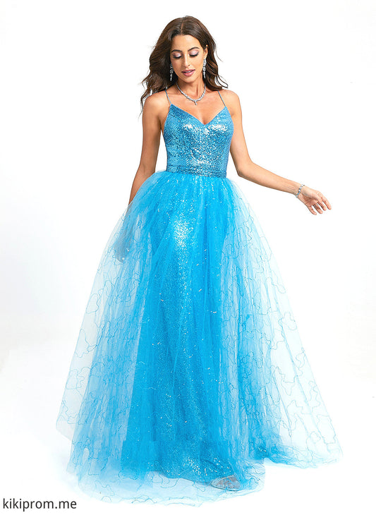 With Sequined Tulle Ball-Gown/Princess Prom Dresses Floor-Length Sequins Carolyn V-neck