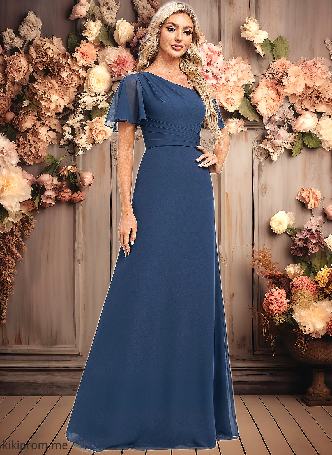 Kaelyn A-line Asymmetrical Floor-Length Chiffon Bridesmaid Dress With Ruffle HFP0025801