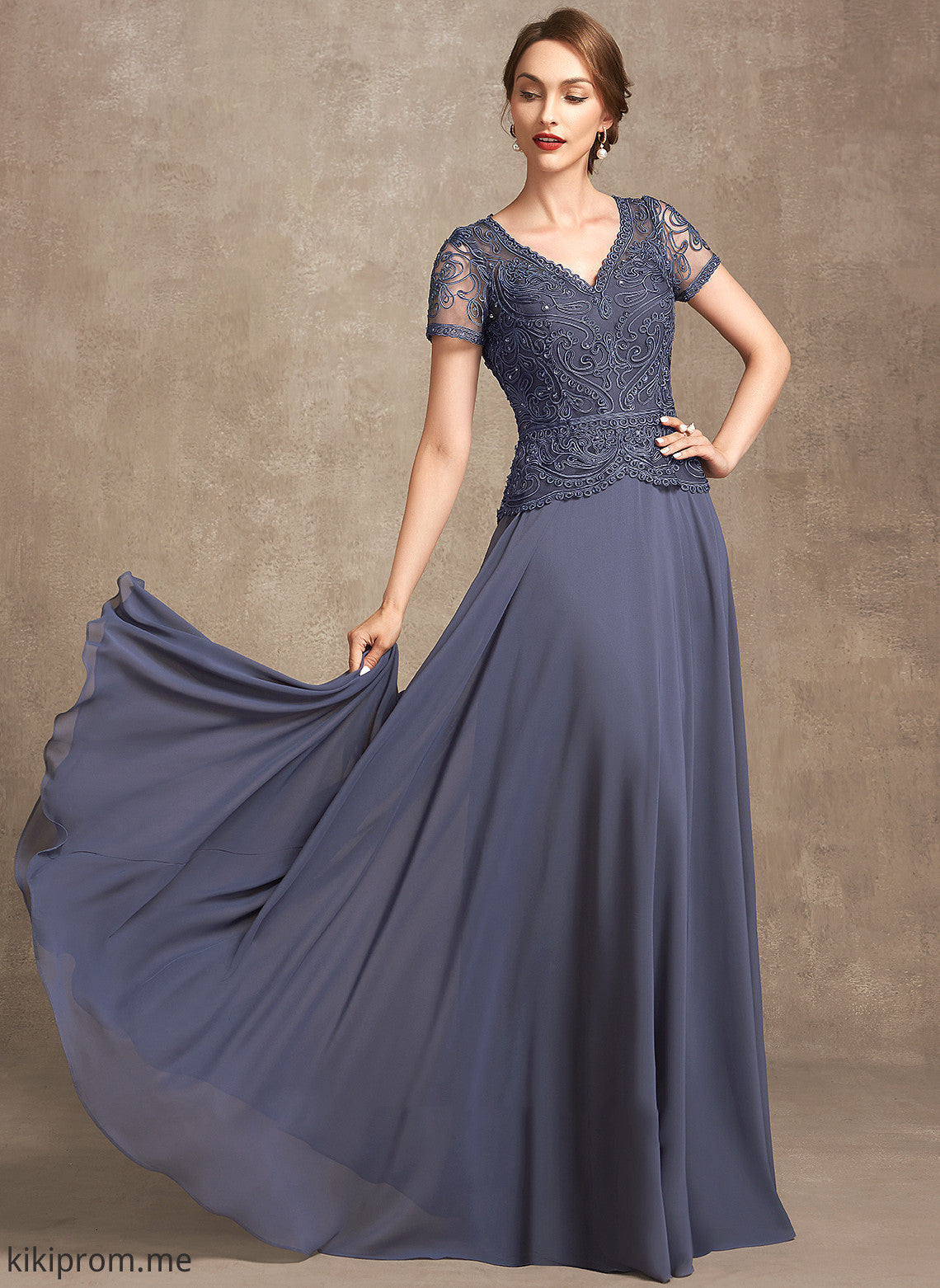 of Mother the Bride Lace Sequins V-neck Mother of the Bride Dresses A-Line With Lucile Floor-Length Dress Chiffon