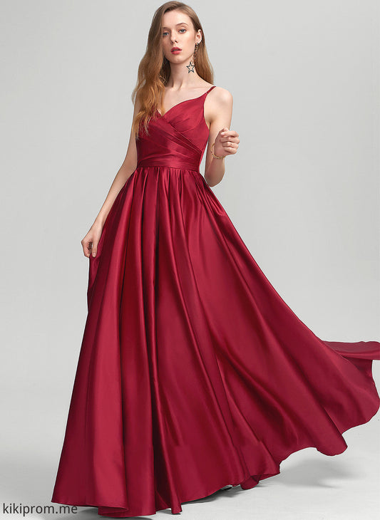 With Pockets A-Line Ruffle V-neck Prom Dresses Jordyn Satin Floor-Length